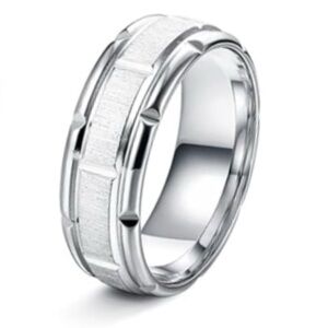 Stainless Steel Brushed Band Ring - Silver Textured Center Polished Edges